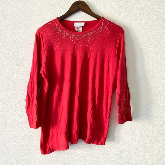 100% Cotton Embellished Top Crewneck Red 3/4 Sleeve Shirt Size XL Holiday Fall - Picture 1 of 8